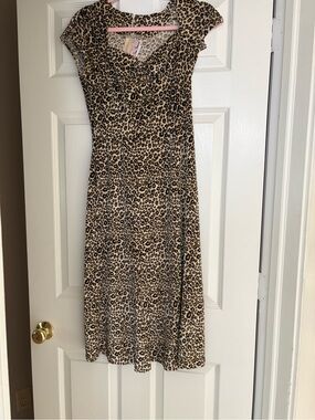 Stop Staring Beige and Black Leopard Print Cap Sleeve Midi Dress